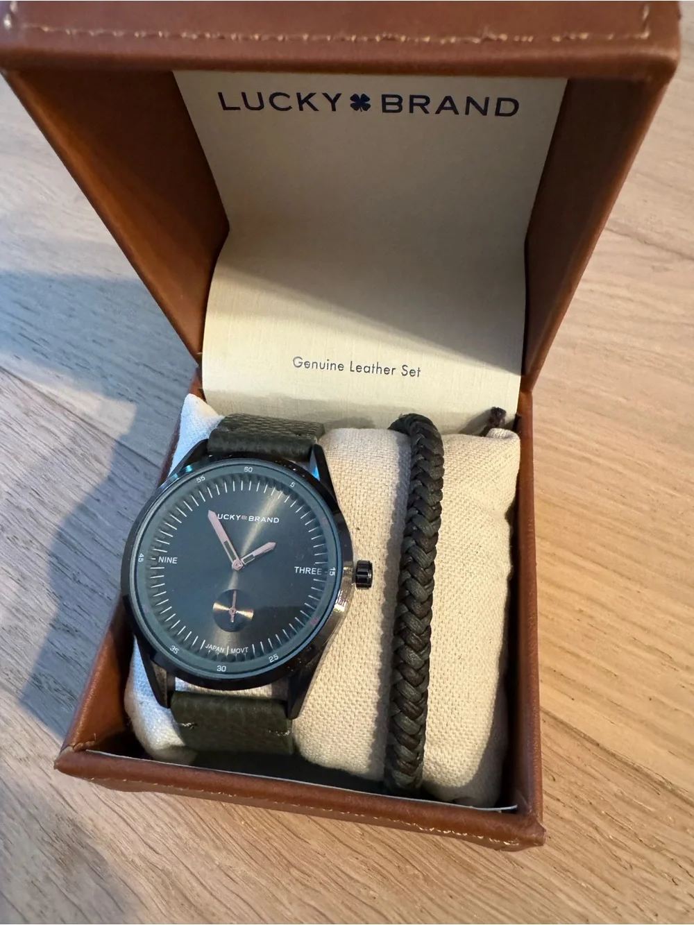 Lucky Brand Olive Green Leather Watch with Black Dial and Braided Bracelet